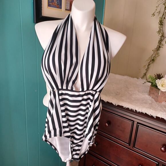 CoCoship Striped Plunging Swimsuit Size M - Picture 1 of 5